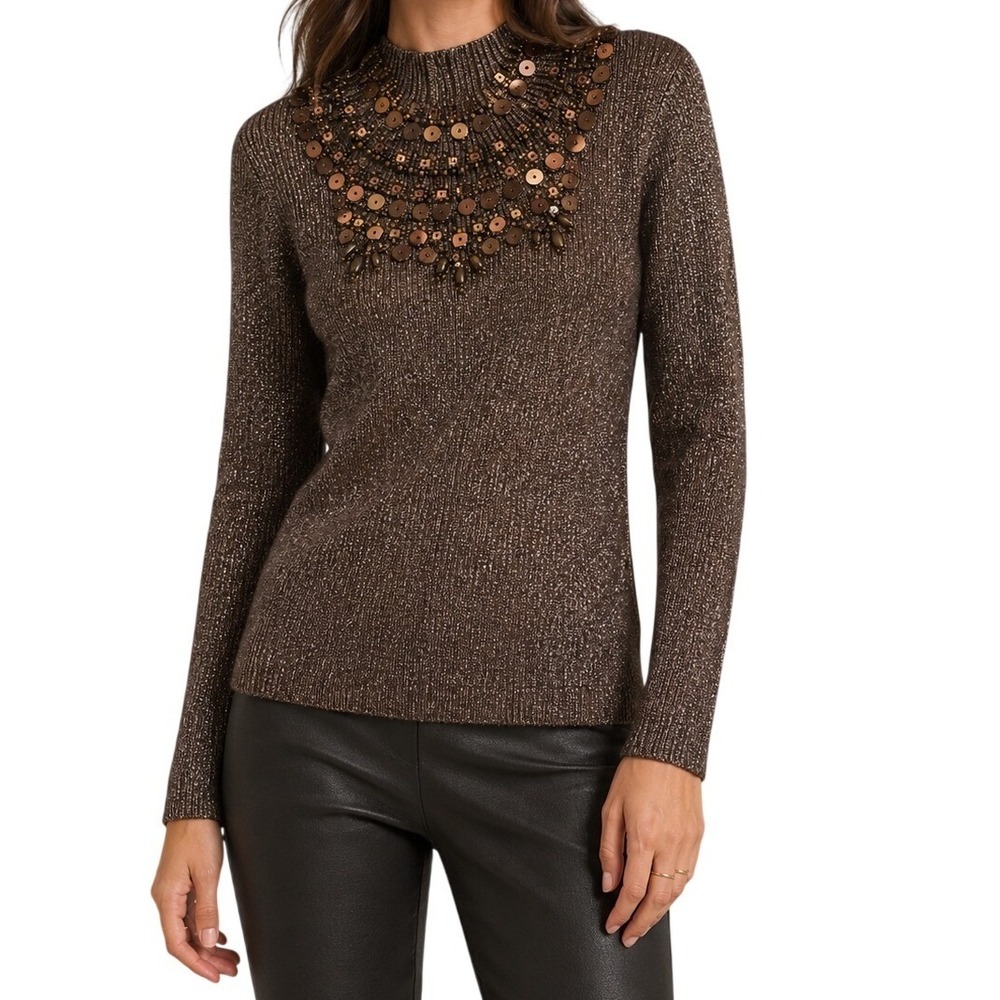 Once‎ It Again Brown Metallic Ribbed Mock Neck Sequin Beaded Sweater XL